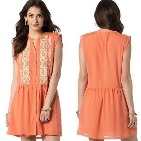 Miss Me Orange Tribal Embroidered Button Down Mini Shirt Dress Sz L - Picture 3 of 12